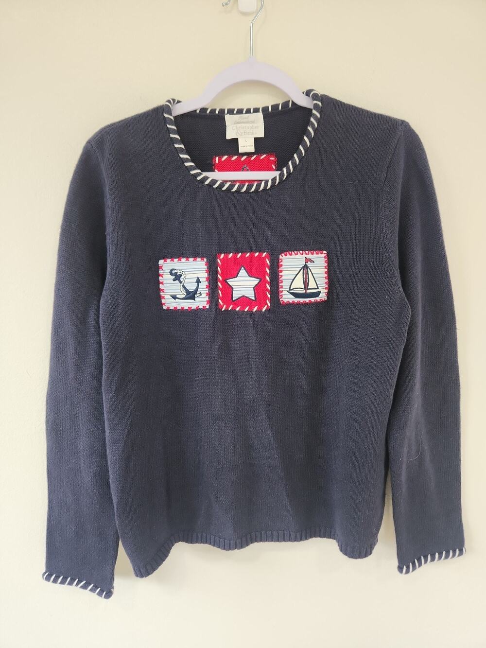 Fleece Sweater Women Large Americana Preppy Cottage Patriotic Nautical